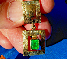 Load image into Gallery viewer, 2 Carat Earth mined Emerald Deco design Earrings Unique Vintage Style Dangles 14k Gold