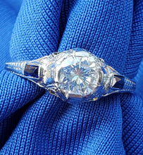 Load image into Gallery viewer, Earth mined Diamond Deco design Engagement Ring Vintage Sapphire Solitaire setting 14k White Gold