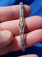 Load image into Gallery viewer, Genuine Diamond Sapphire Art Deco Antique Line Bracelet. Vintage Design Filigree Rhodium and 14k Gold Bracelet