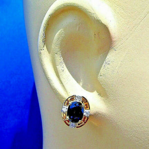 Earth mined Sapphire and Diamond Deco Design Earrings Button Studs 14k Gold