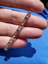 Load image into Gallery viewer, Earth mined Sapphire and Pearl Deco Brooch 14k gold Antique Geometric Design Bar Pin