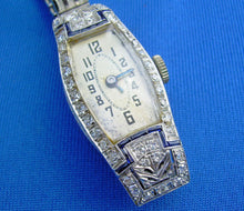 Load image into Gallery viewer, Earth mined Diamond Sapphire Deco Platinum Ladies Watch 1920s Vintage Design Case
