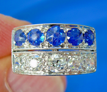 Load image into Gallery viewer, Earth mined Cushion cut Diamond and Sapphire Deco Wedding Ring Antique Platinum Band