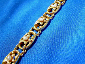 Antique Art Nouveau Gold and Pearl Bracelet Unique Deco Solid 14k 2 tone Links