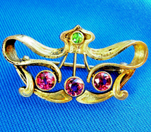 Load image into Gallery viewer, Art Deco Red Spinel Demantoid Garnet Nouveau Brooch 14k Gold Antique Pin