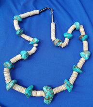 Load image into Gallery viewer, STUNNING VINTAGE SANTO DOMINGO TURQUOISE WHITE SHELL STERLING SILVER NECKLACE 28 inch
