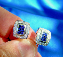 Load image into Gallery viewer, Earth Mined Diamond Sapphire Deco Earrings Vintage Style Geometric Stud 14k White Gold