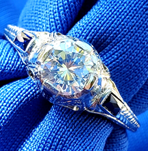 Load image into Gallery viewer, Earth mined Diamond Deco design Engagement Ring Vintage Sapphire Solitaire setting 14k White Gold