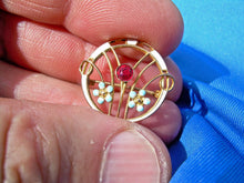 Load image into Gallery viewer, Elegant Vintage Ruby Brooch Solid 10k Gold Guiloche Enamel Deco Pin