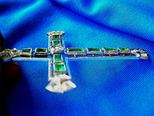 Load image into Gallery viewer, Earth mined Emerald and Rose cut Diamond Antique Cross Vintage Deco Pendant 14k White Gold
