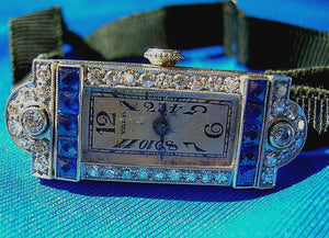 1920s Art Deco Raymond Yard Antique Diamond Sapphire Platinum Watch