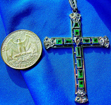 Load image into Gallery viewer, Earth mined Emerald and Rose cut Diamond Antique Cross Vintage Deco Pendant 14k White Gold