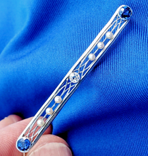 Load image into Gallery viewer, Earth mined Sapphire Pearl Diamond Antique art Deco Brooch Victorian Platinum Filligree