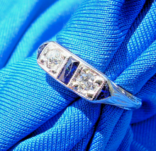 Load image into Gallery viewer, EARTH MINED Diamond Sapphire Deco Wedding Band Unique Antique 18k White Gold Belais Ring