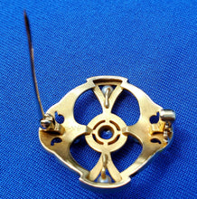 Load image into Gallery viewer, Art Deco Sapphire and pearl Brooch 14k Gold Unique Vintage Design Geometric Pin