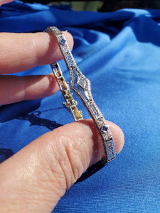 Genuine Diamond Sapphire Art Deco Antique Line Bracelet. Vintage Design Filigree Rhodium and 14k Gold Bracelet