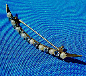 EARTH MINED Blue Sapphire Pearl Deco Pin Exotic Solid 10k Gold Antique Victorian Crescent moon Brooch