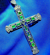 Load image into Gallery viewer, Earth mined Emerald and Rose cut Diamond Antique Cross Vintage Deco Pendant 14k White Gold