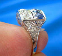 Load image into Gallery viewer, Earth mined Cushion cut Diamond and Sapphire Deco Wedding Ring Antique Platinum Band