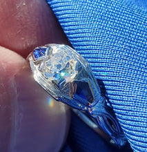 Load image into Gallery viewer, Earth mined Cushion cut Diamond and Sapphire Engagement Ring Antique 18k White Gold Solitare
