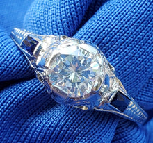 Load image into Gallery viewer, Earth mined Diamond Deco design Engagement Ring Vintage Sapphire Solitaire setting 14k White Gold