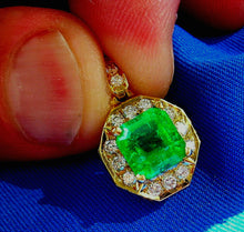 Load image into Gallery viewer, 3.04 carat Earth mined Emerald and Diamond Pendant Deco Halo Design 14k Gold Hand Crafted setting