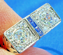 Load image into Gallery viewer, Genuine 1.05 carat European Diamond Sapphire Art Deco Engagement Ring Antique Toi et moi Size 8.5