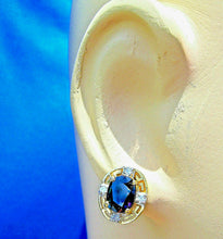 Load image into Gallery viewer, Earth mined Sapphire and Diamond Deco Design Earrings Button Studs 14k Gold