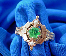 Load image into Gallery viewer, Unique Deco Emerald and Pearl Ring Antique Victorian 14k Solid Gold setting Size 6