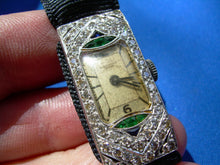 Load image into Gallery viewer, Rare Vintage Art deco Diamond Emerald Sapphire Deco Watch. Rolex Movement. Antique Platinum Case
