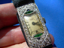 Load image into Gallery viewer, Rare Vintage Art deco Diamond Emerald Sapphire Deco Watch. Rolex Movement. Antique Platinum Case