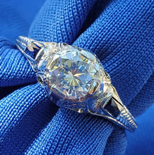 Load image into Gallery viewer, Earth mined Diamond Deco design Engagement Ring Vintage Sapphire Solitaire setting 14k White Gold
