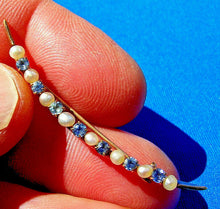 Load image into Gallery viewer, EARTH MINED Blue Sapphire Pearl Deco Pin Exotic Solid 10k Gold Antique Victorian Crescent moon Brooch
