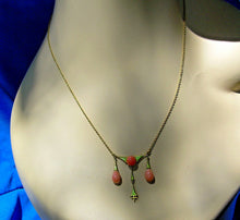 Load image into Gallery viewer, Art Deco Art Nouveau Coral Guilloche Enamel Necklace 14k Gold 18" inch Chain