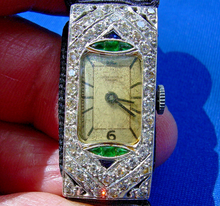 Load image into Gallery viewer, Rare Vintage Art deco Diamond Emerald Sapphire Deco Watch. Rolex Movement. Antique Platinum Case