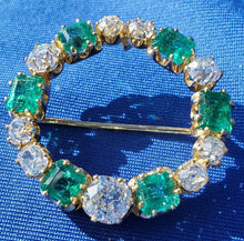 Load image into Gallery viewer, 10.2 carat Genuine Earth mined Cushion cut Diamond and Emerald Circle Deco Brooch Antique 18k Gold setting