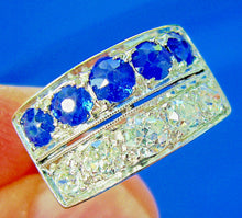 Load image into Gallery viewer, Earth mined Cushion cut Diamond and Sapphire Deco Wedding Ring Antique Platinum Band
