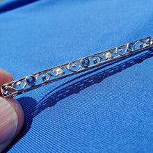 Load image into Gallery viewer, Earth mined Sapphire and Pearl Deco Brooch 14k gold Antique Geometric Design Bar Pin