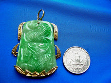 Load image into Gallery viewer, Genuine green Jade Dragon Pendant 14k Gold Deco Design Charm