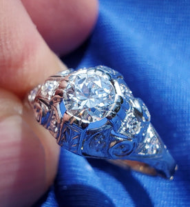 0.70 carat Earth mined European cut Diamond Deco Engagement Ring Vintage Platinum Solitaire