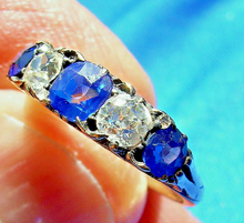 Load image into Gallery viewer, 1.24 carat Earth mined Cushion cut Diamond and Sapphire Deco Ring Antique Wedding Band 14k