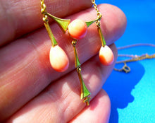 Load image into Gallery viewer, Art Deco Art Nouveau Coral Guilloche Enamel Necklace 14k Gold 18" inch Chain