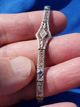 Load image into Gallery viewer, Genuine Diamond Sapphire Art Deco Antique Line Bracelet. Vintage Design Filigree Rhodium and 14k Gold Bracelet