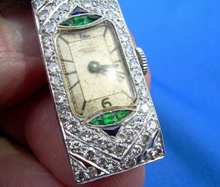 Load image into Gallery viewer, Rare Vintage Art deco Diamond Emerald Sapphire Deco Watch. Rolex Movement. Antique Platinum Case