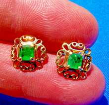 Load image into Gallery viewer, 1 carat Earth mined Emerald Deco Earrings Unique Vintage Design Ear Studs 14k Gold