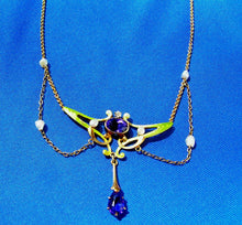 Load image into Gallery viewer, Diamond Amethyst Antique Necklace Art Deco Guilloche Enamel Krementz 14k