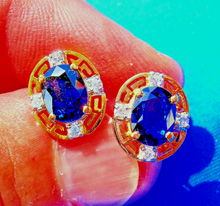 Load image into Gallery viewer, Earth mined Sapphire and Diamond Deco Design Earrings Button Studs 14k Gold