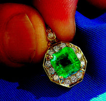 Load image into Gallery viewer, 3.04 carat Earth mined Emerald and Diamond Pendant Deco Halo Design 14k Gold Hand Crafted setting