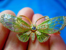 Load image into Gallery viewer, Earth mined Diamond Sapphire Deco Plique a Jour Enamel Brooch Filigree Nouveau Pin 18k Gold