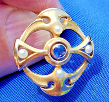 Load image into Gallery viewer, Art Deco Sapphire and pearl Brooch 14k Gold Unique Vintage Design Geometric Pin